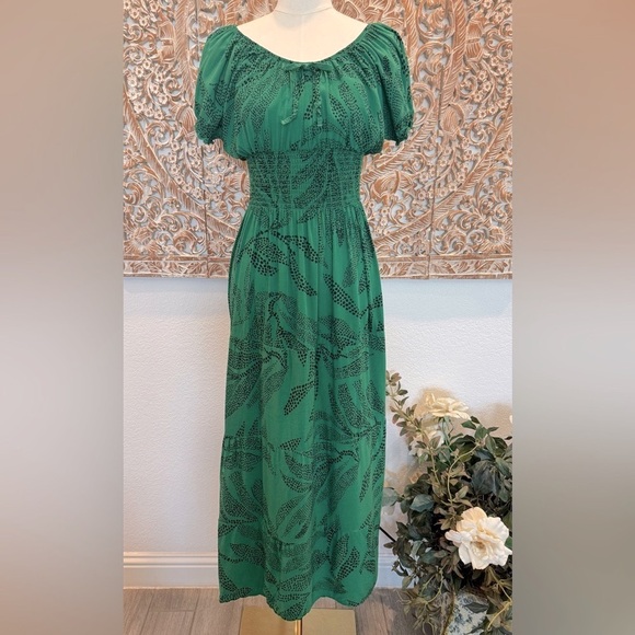 Kindred Dresses & Skirts - Kindred Anthropologie Green Bohemian Maxi Dress Smocked Waist On/Off Shoulder